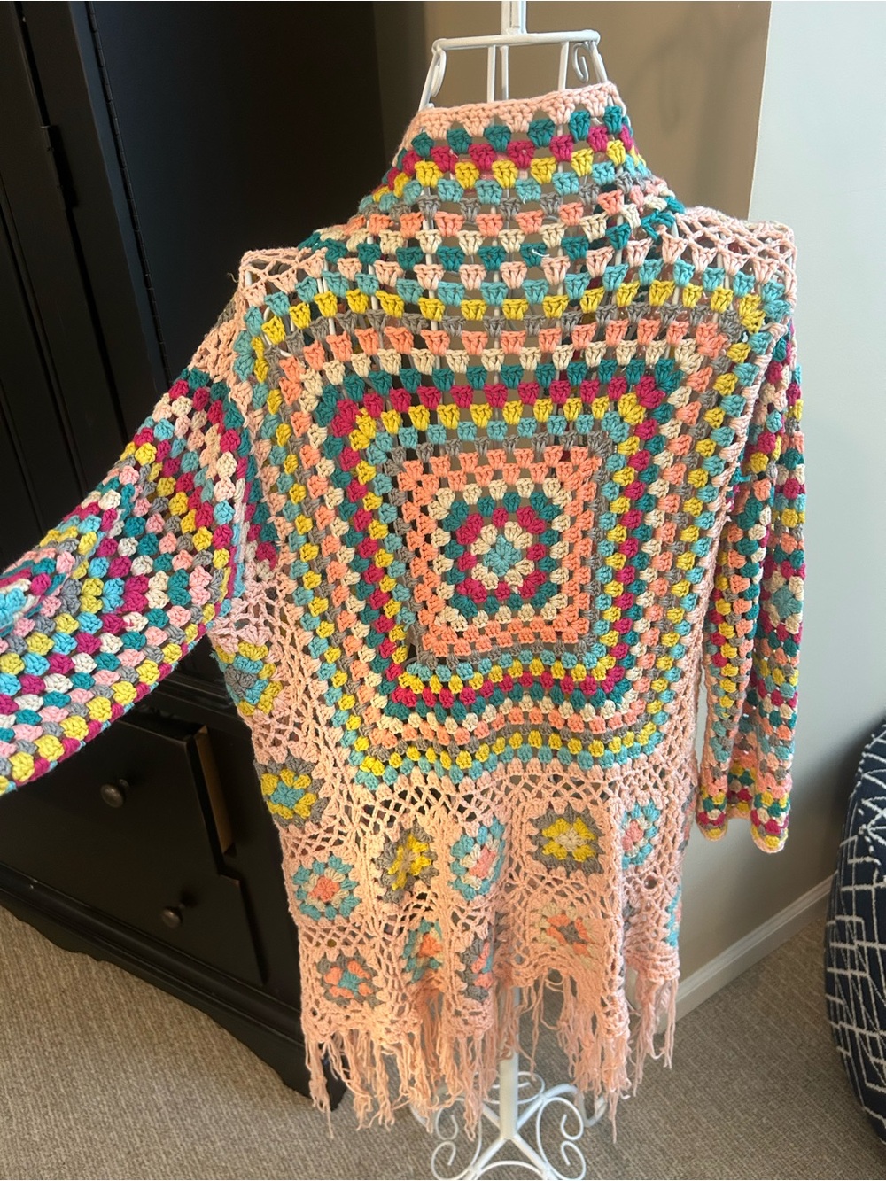 Pink Lilly Crochet Fringe Cardigan in Pink, Teal, Yellow & Fuchsia size small - Picture 3 of 5